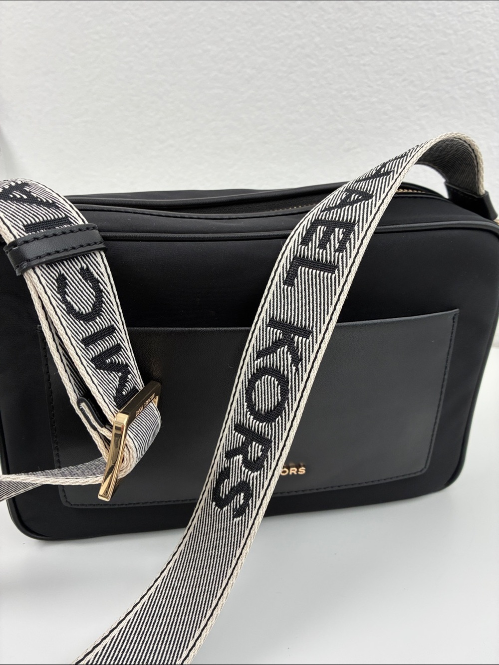 Michael Kors Black  Nylon Crossbody Camera Bag with Branded Ivory-Webbing Strap